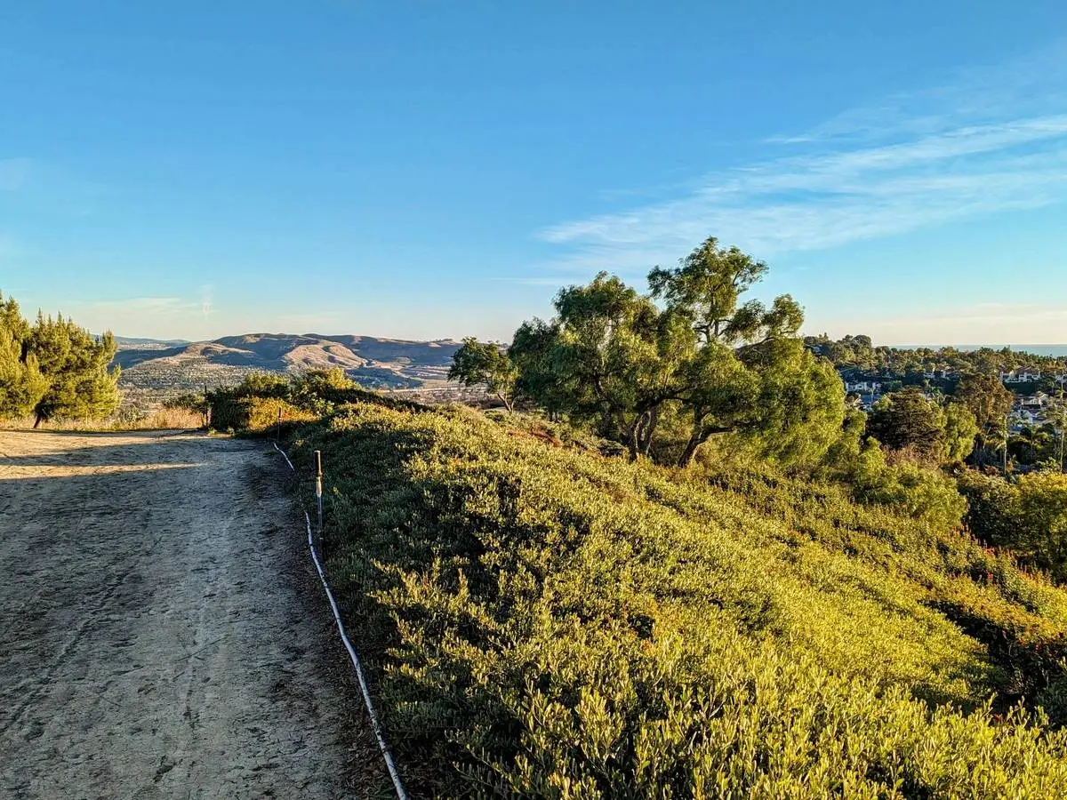 A dirt trail along a ridge of dry hills under a clear sky