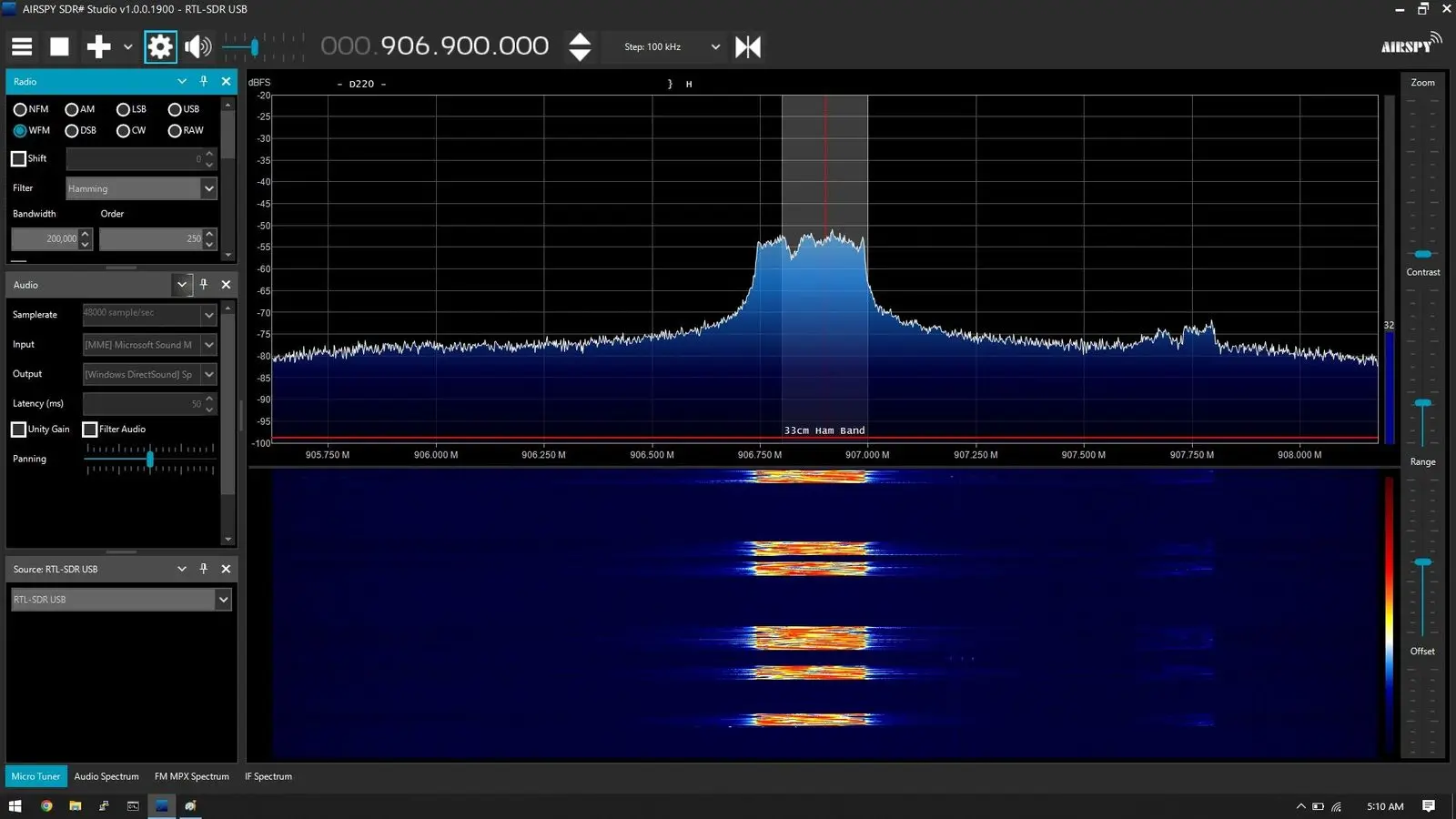 An SDR waterfall display showing bursts of LoRa traffic near 906.9 MHz